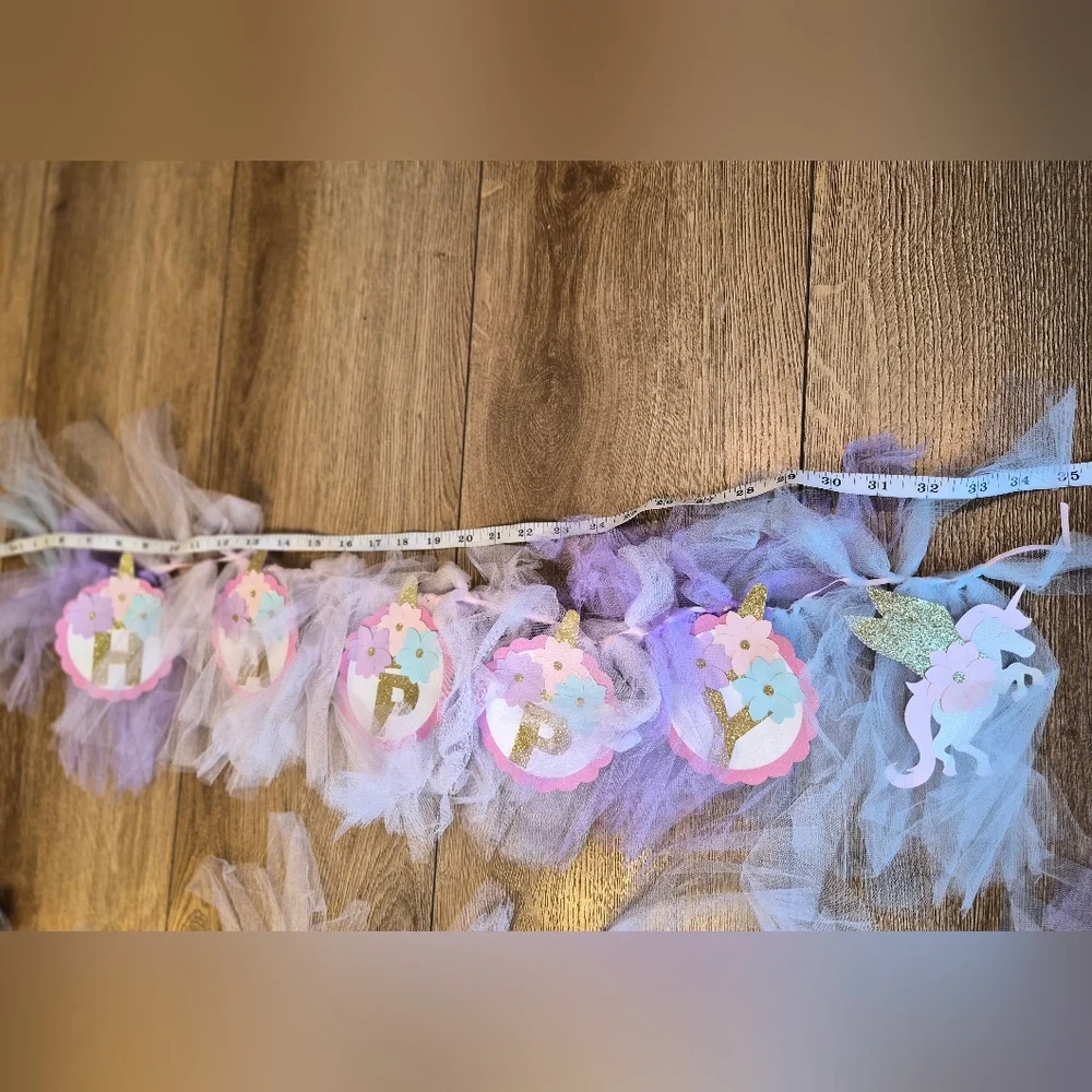 Hand Crafted Purple and White Tulle Unicorn Birthday Banner